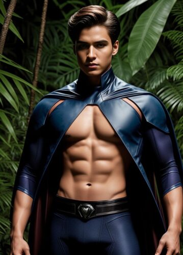 Half Body Shot of Young Superhero Man in Jungle Setting