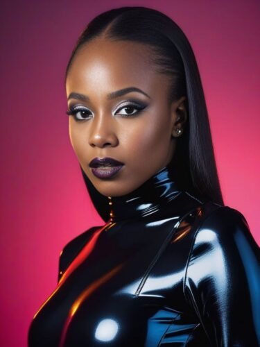 Young African American Woman in Black Latex Suit