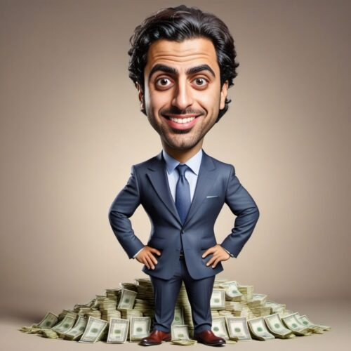 Funny Caricature of a Young Middle-Eastern Banker with Money