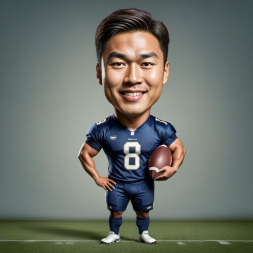 Young handsome Asian man caricature as a football player