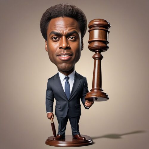 Full Body Caricature of a Young Handsome Black Man as a Lawyer with a Giant Gavel