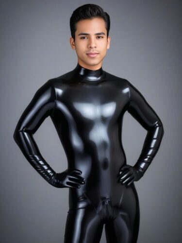 Diverse Young Hispanic Man in Black Latex Suit