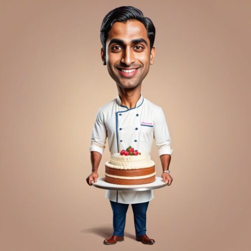 Young handsome South Asian man caricature as a baker with an oversized cake
