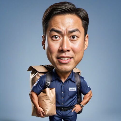 Full Body Caricature of a Young Asian Mailman