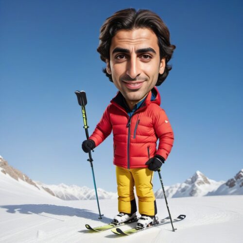 Young handsome Middle-Eastern man caricature as a ski instructor