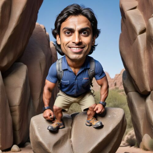 Full Body Caricature of a Young Handsome South Asian Man as a Rock Climber