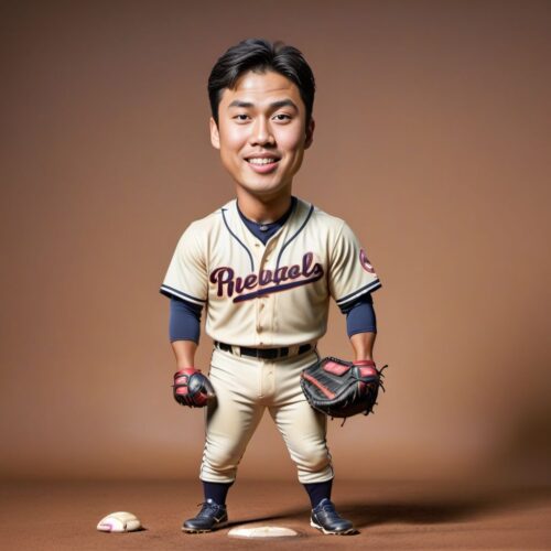 Caricature of a Young Asian Baseball Player
