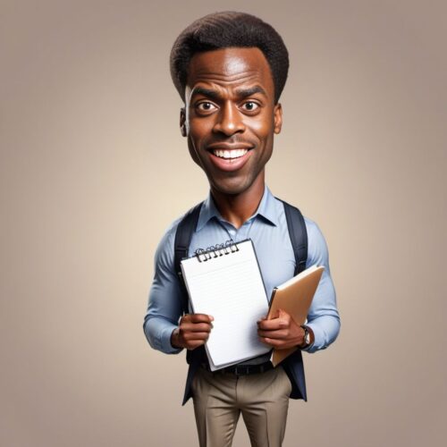 Funny Caricature of a Young Handsome Black Man as a Journalist