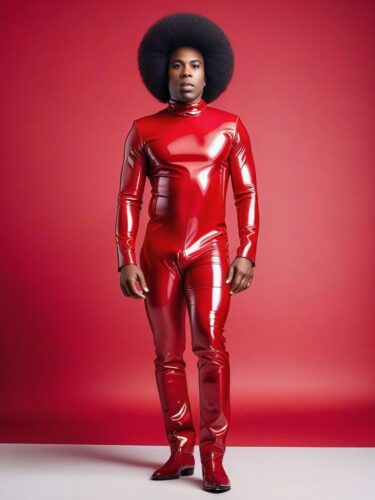 Full Body Shot of Young Afro-Caribbean Man in Red Latex Suit