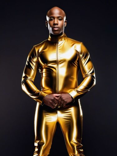 Young African American Man in Gold Latex Suit