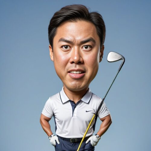 Funny Caricature of a Young Asian Golfer