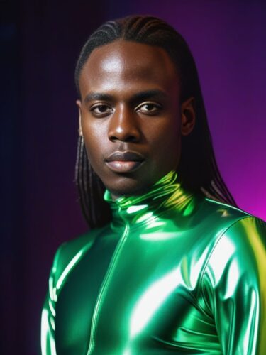 Half Portrait of a Young East African Man in a Metallic Green Latex Suit