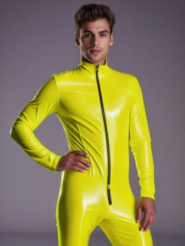 Cute Young Man in Neon Yellow Latex Suit