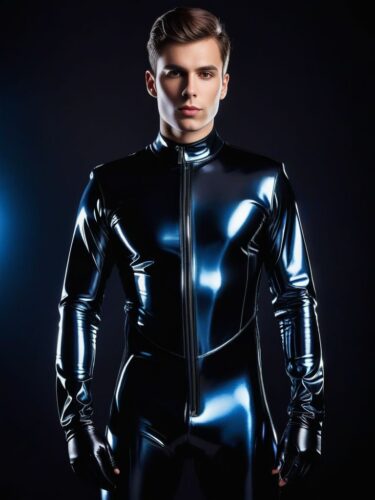 Young East European Man in Shimmering Black Latex Suit
