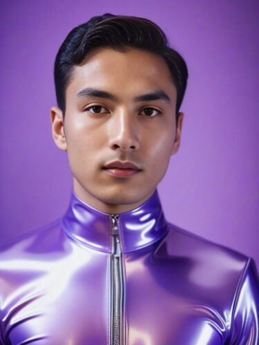 Half Portrait of a Young Central Asian Man in a Lavender Latex Suit