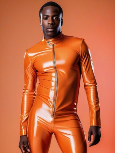 Full Body Photography of a Young Black African Man in an Orange Latex Suit