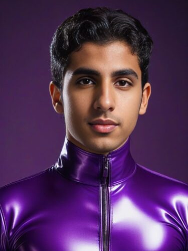 Cute Young Middle Eastern Man in Purple Latex Suit