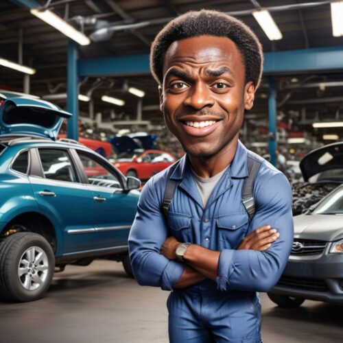 Young handsome Black man caricature fixing a car