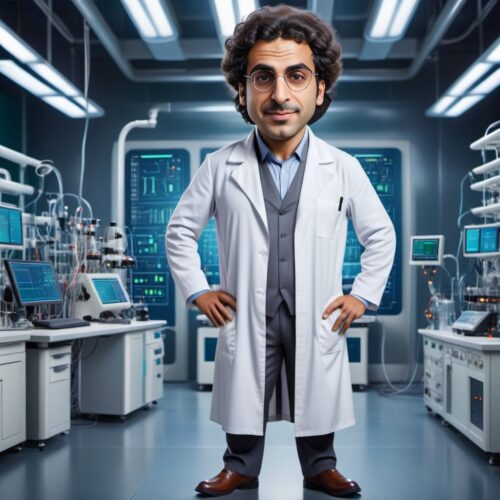 Full Body Caricature of a Young Middle-Eastern Scientist in a High-Tech Lab