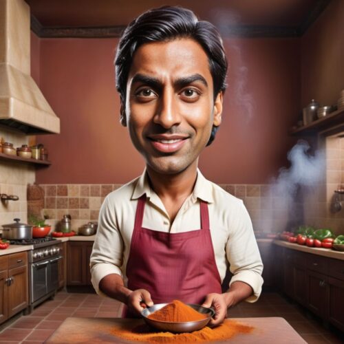 Caricature of a Young South Asian Man Cooking with Giant Spices
