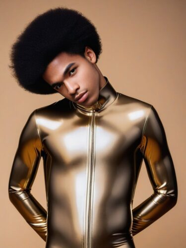 Cute Young Afro-European Man in Gold Latex Suit