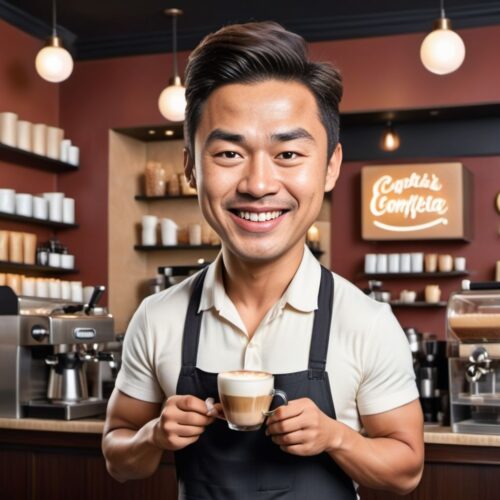Funny Caricature of a Young Asian Barista Making Comical Latte Art