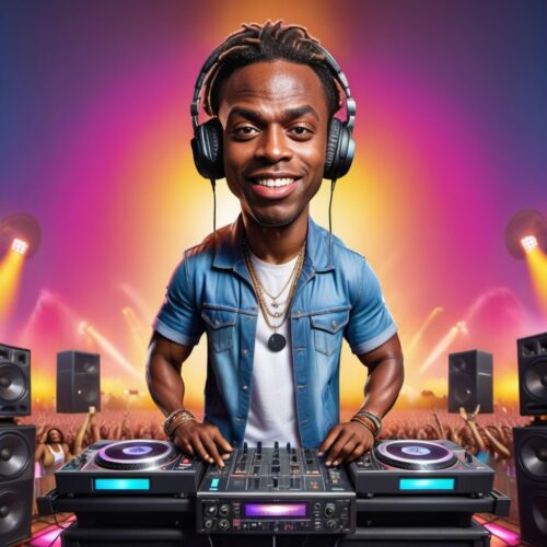 Caricature of a Young Black DJ at a Music Festival