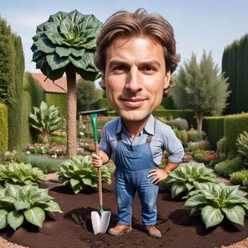 Young handsome Caucasian man caricature gardening with large plants