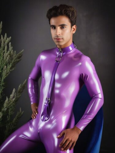 Cute Young South American Man in Lavender Latex Suit