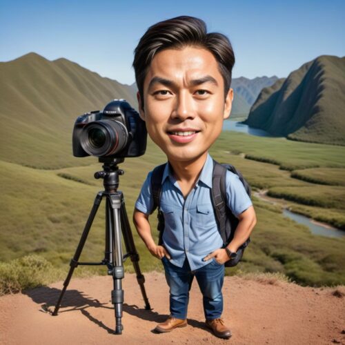 Caricature of a Young Asian Man as a Photographer