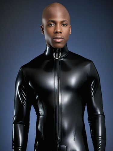 Young African American Man in Black Latex Suit