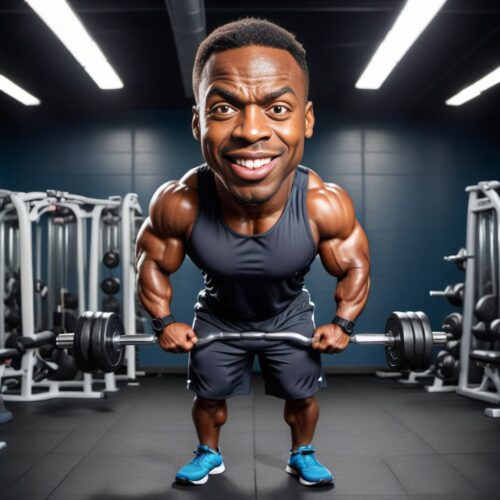 Young handsome Black man caricature as a personal trainer in a gym