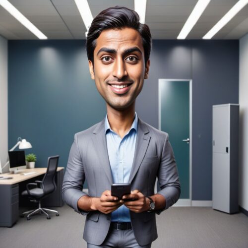 Caricature of a Young Tech Entrepreneur in a Modern Office
