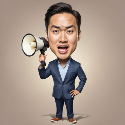 Young handsome Asian man caricature as a movie director
