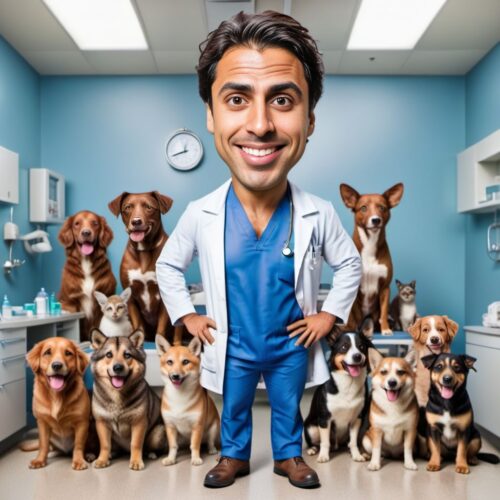 Funny Caricature of a Young Hispanic Man as a Veterinarian