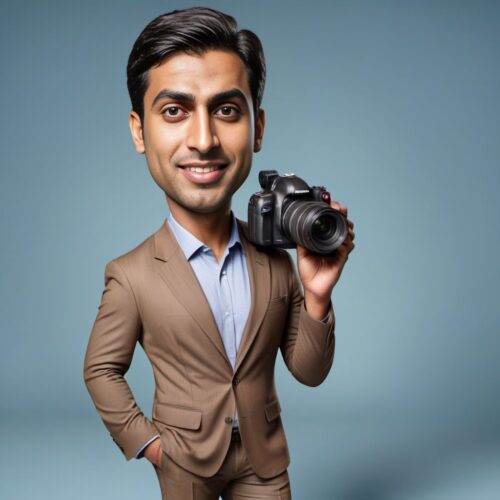 Young handsome South Asian man caricature in a newsroom