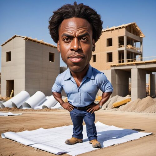 Caricature of a Young Black Architect with Giant Blueprints