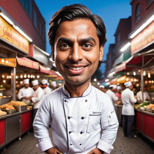 Full Body Caricature of a Young South Asian Chef in a Street Food Market