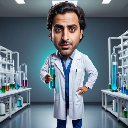 Full body caricature of a young handsome Middle-Eastern man as a scientist with oversized test tubes in a lab