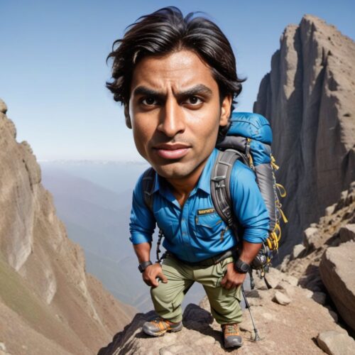 Caricature of a Young South Asian Man as a Mountain Climber