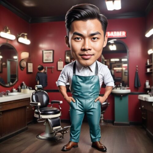 Caricature of a Young Asian Barber in a Vintage Barber Shop