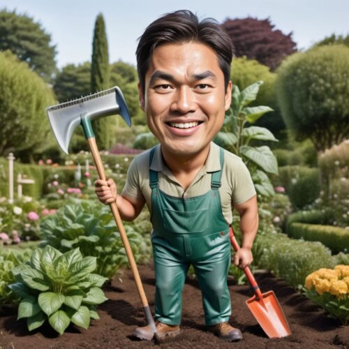 Young handsome Asian man caricature as a gardener