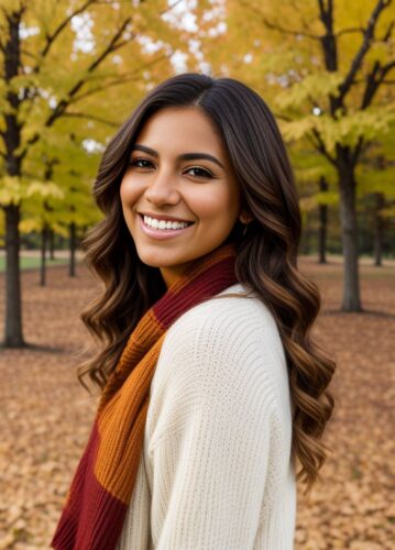 Young Hispanic Woman with a Warm Smile in a Thanksgiving Outdoor Photoshoot