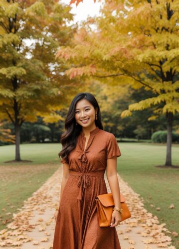 Southeast Asian Woman Celebrating Thanksgiving in Autumn Dress