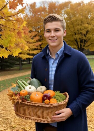Caucasian Young Man Holding a Basket of Thanksgiving Produce