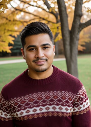 Hispanic Man in Cozy Sweater for Thanksgiving-themed Outdoor Portrait