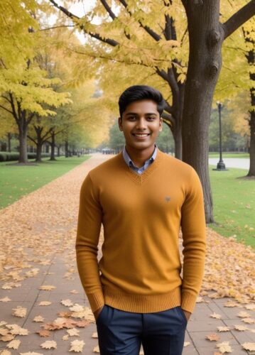 South Asian Young Man with Playful Autumn Pose