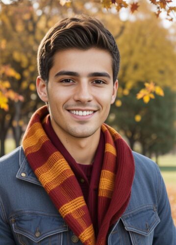 Spanish young man with a warm smile in an outdoor autumn photoshoot, celebrating Thanksgiving