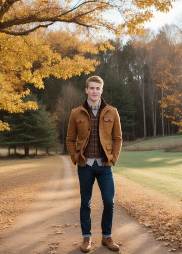 White young man in a Thanksgiving outdoor photoshoot
