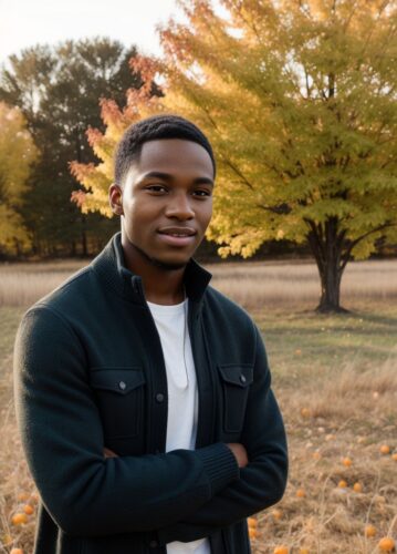 Black young man in a Thanksgiving-themed outdoor portrait